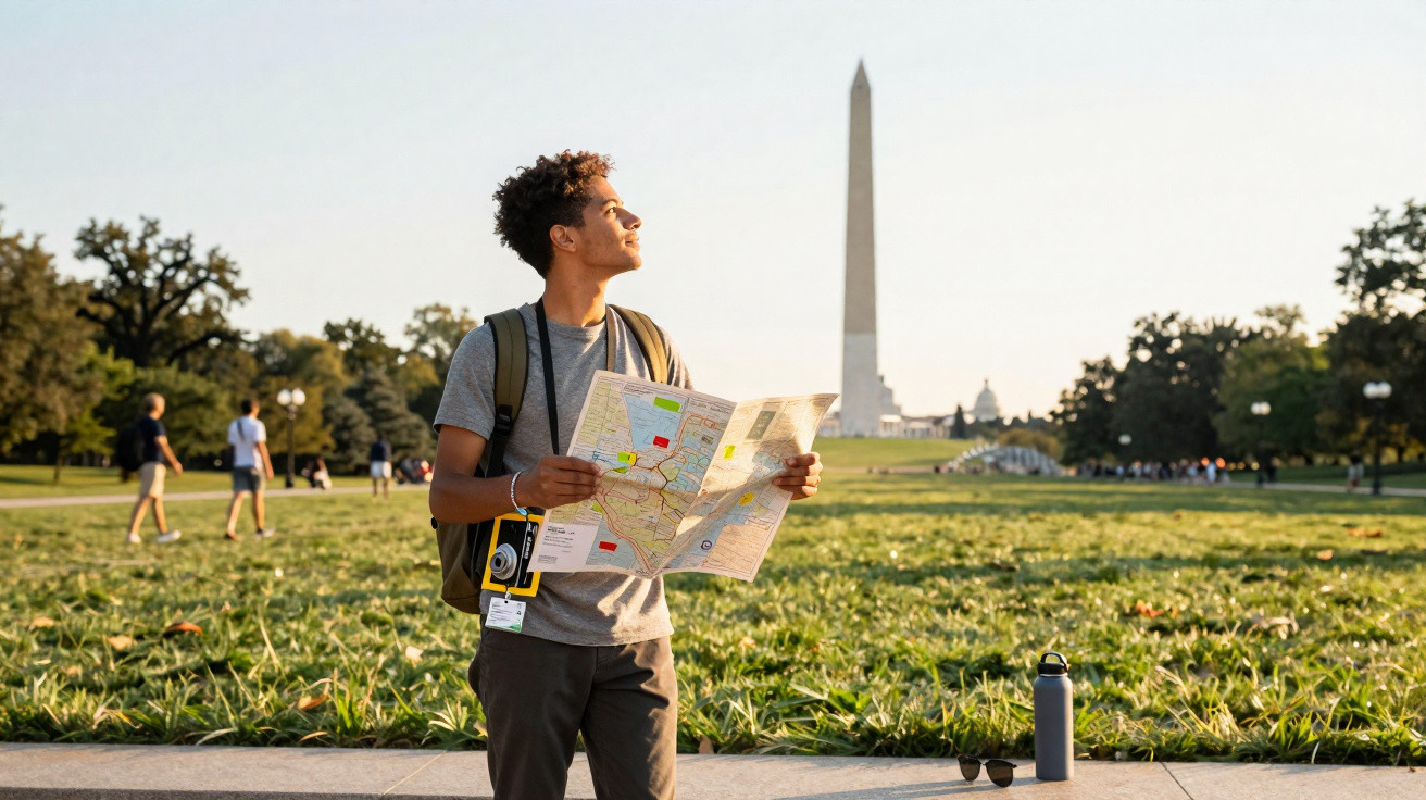 Jovem turista com mochila e mapa na mão observa o obelisco do National Mall ao entardecer.