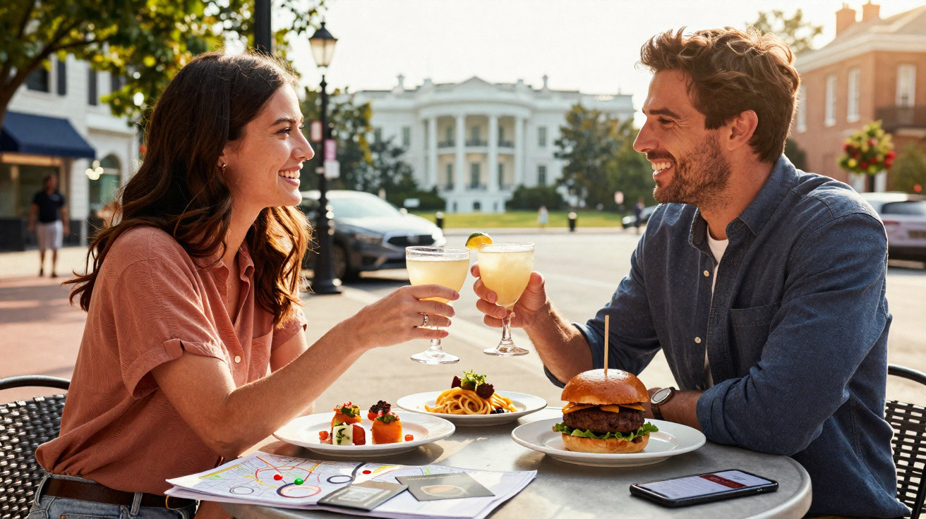 Casal sorridente brindando com drinks em mesa ao ar livre com comidas e celular.