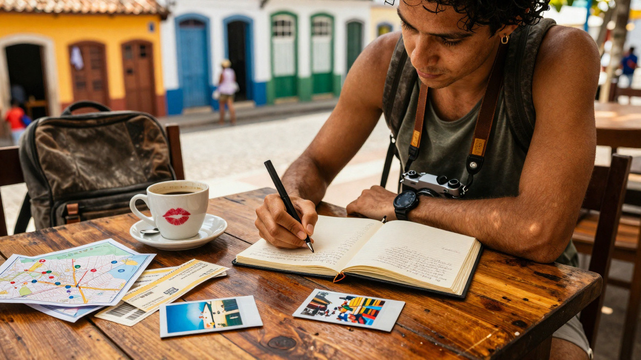 Homem escrevendo em caderno com mapas, fotos e café em mesa ao ar livre em rua histórica.