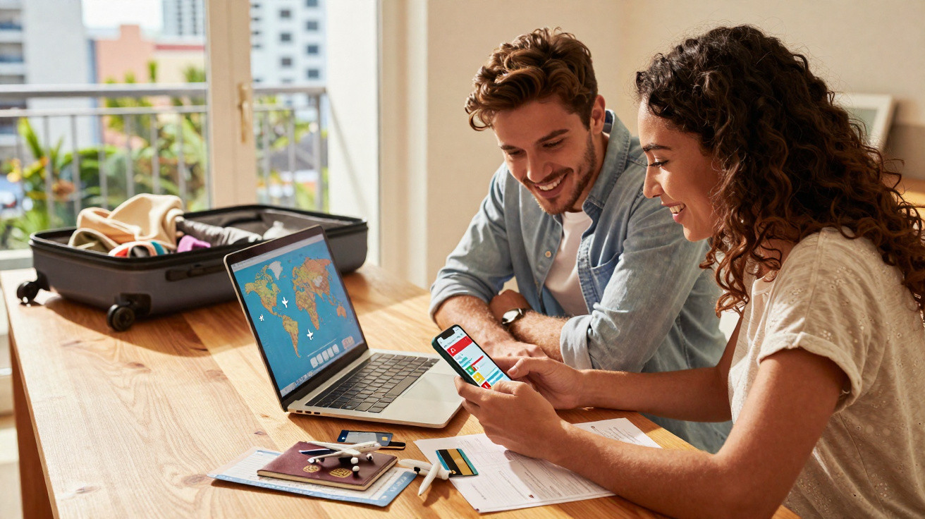 Casal planejando viagem com laptop, celular, passaporte e mala aberta em mesa de madeira.