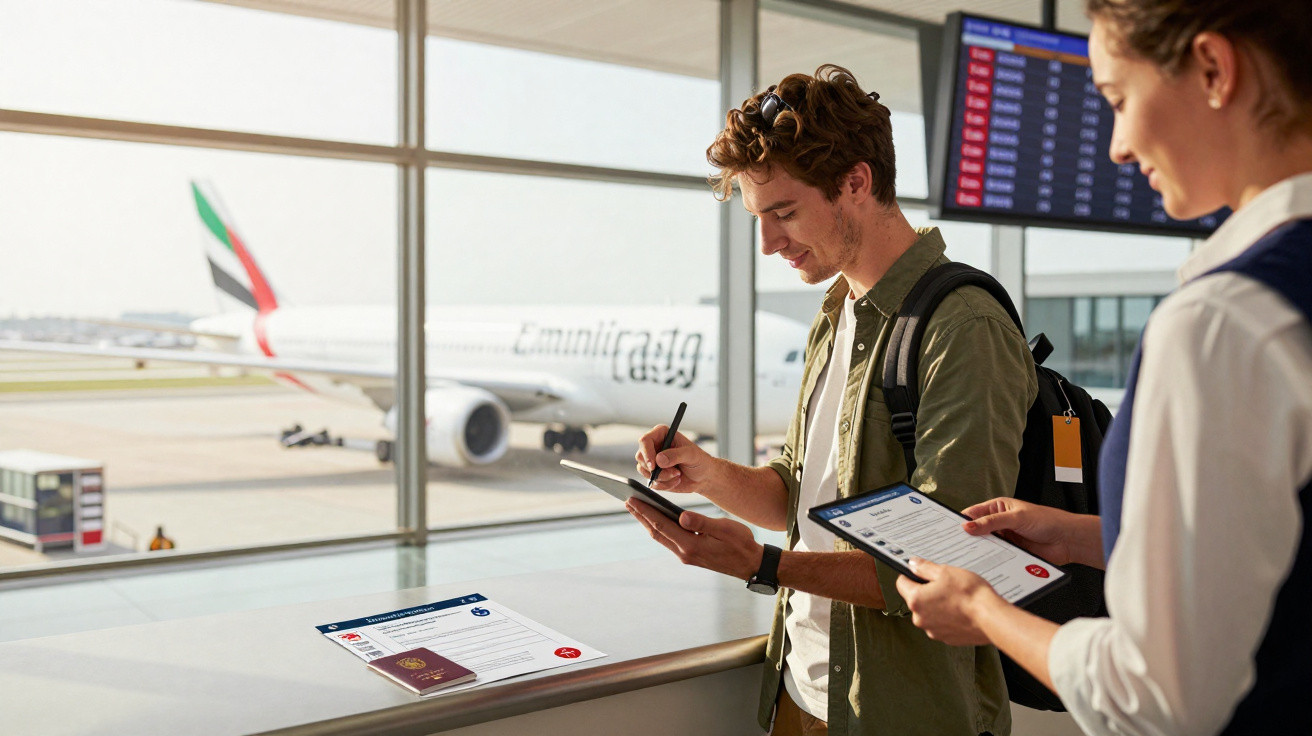 Homem e mulher em aeroporto preenchendo formulários digitais com avião Emirates ao fundo.