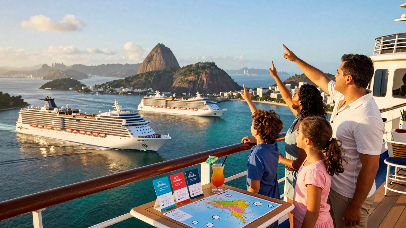 Família aponta para navios de cruzeiro próximos ao Pão de Açúcar, no Rio de Janeiro, vista ao entardecer.