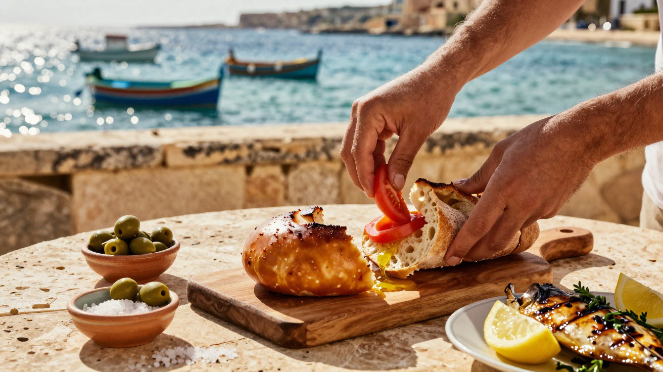 Pão com tomate sendo preparado em mesa com azeitonas, sal, peixe grelhado e barcos no mar ao fundo.