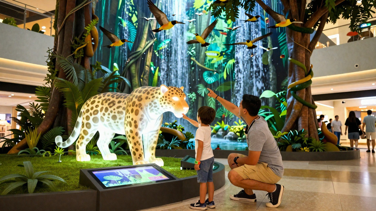 Homem e menino observam escultura iluminada de onça em exposição de floresta no shopping.