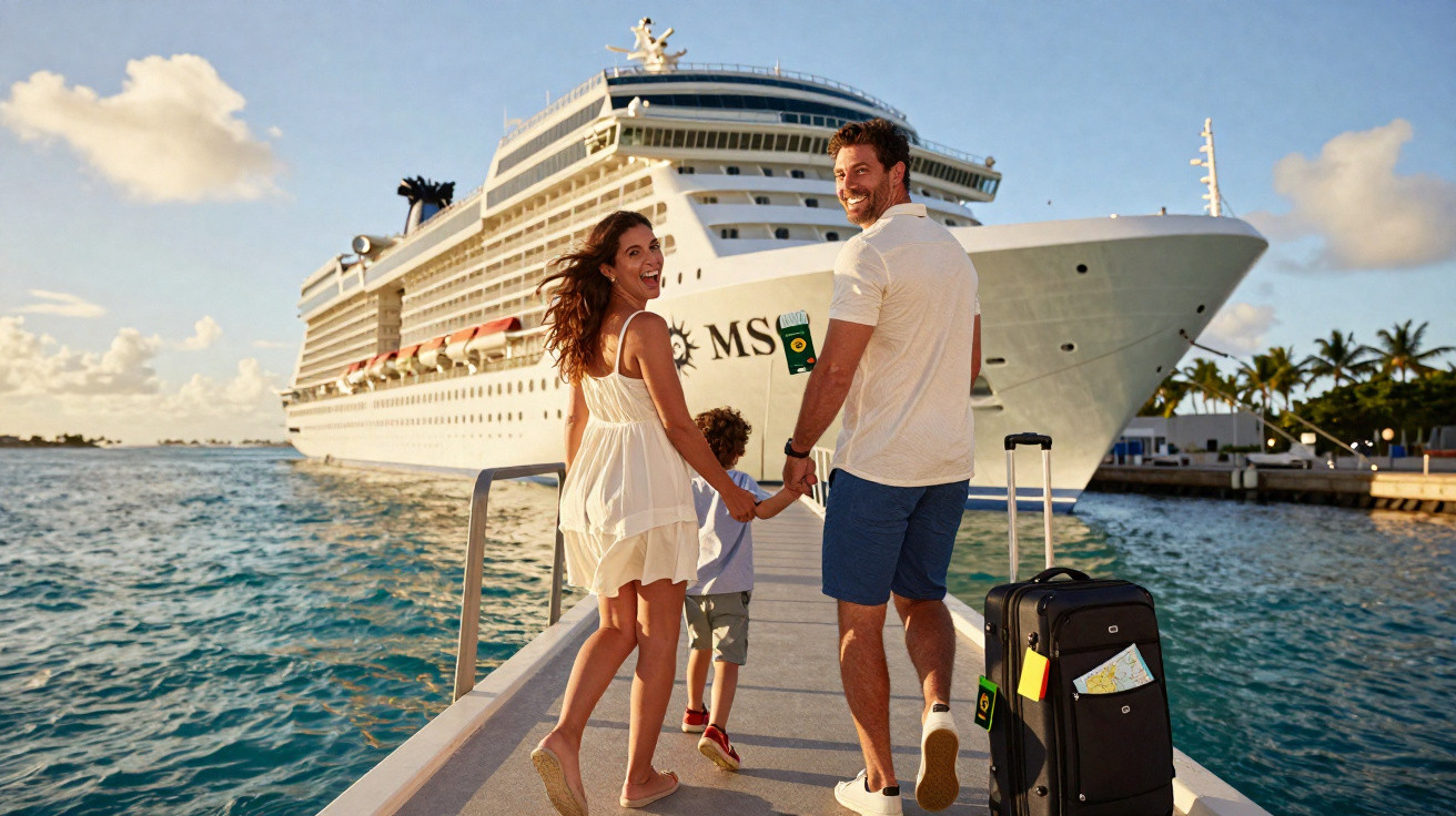 Família caminhando em direção a um navio de cruzeiro MSC em um cais à beira-mar.