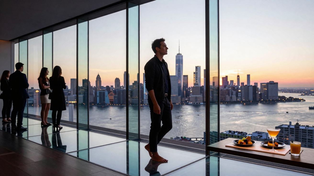 Pessoas observando o skyline da cidade ao pôr do sol em ambiente moderno com vidro panorâmico.