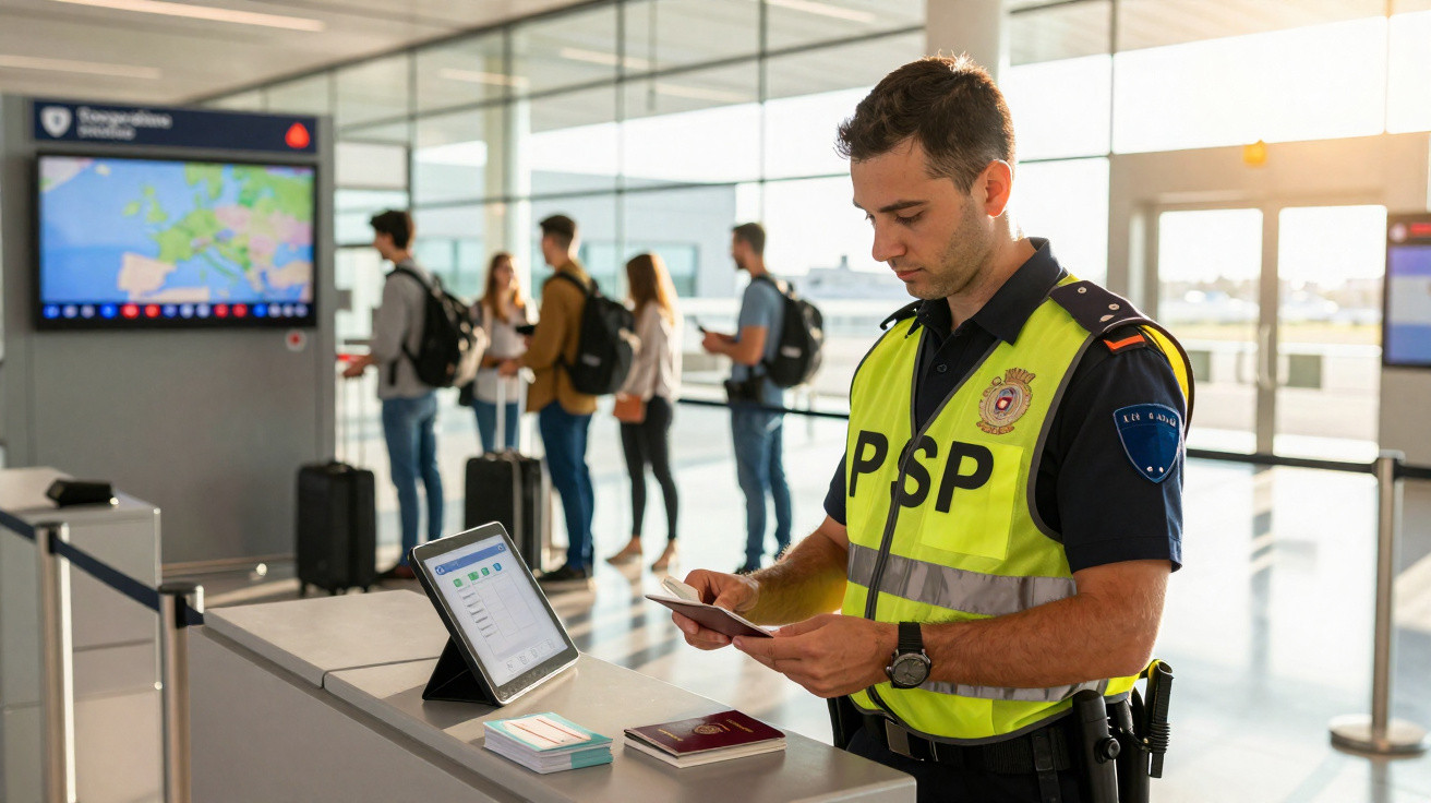 Agente da PSP conferindo passaporte e documentos de passageiros em aeroporto moderno.