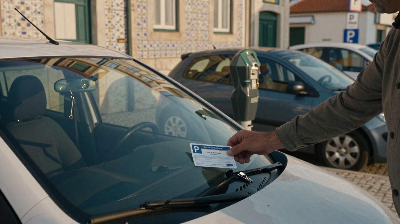 Pessoa colocando cartão de estacionamento no para-brisa de carro branco estacionado em rua com edifícios ao fundo.