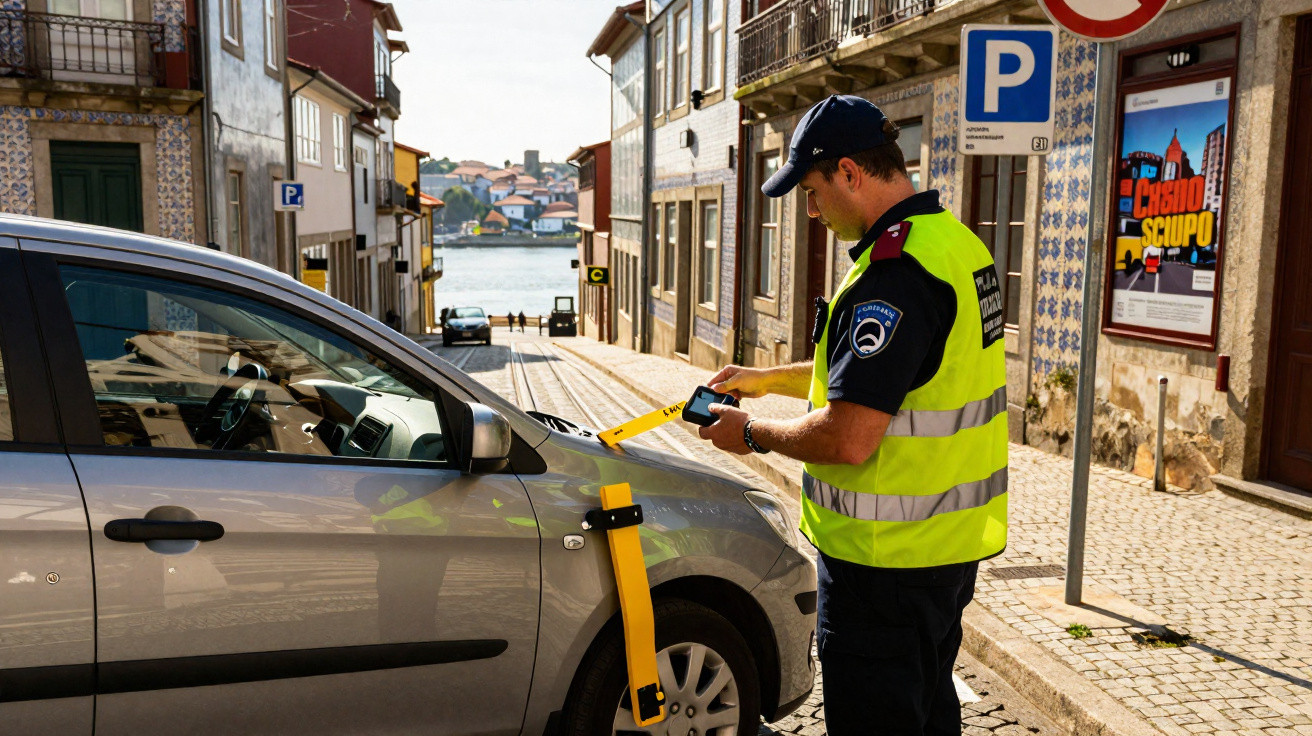Agente de trânsito aplica cadeado em carro estacionado em rua estreita com vista para rio ao fundo.