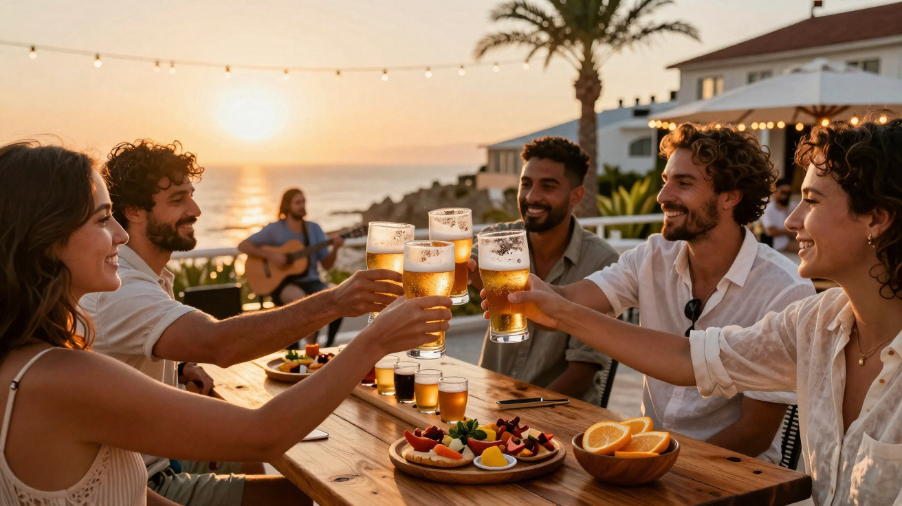 Grupo de amigos brindando com cervejas em mesa ao ar livre ao pôr do sol com músico ao fundo.