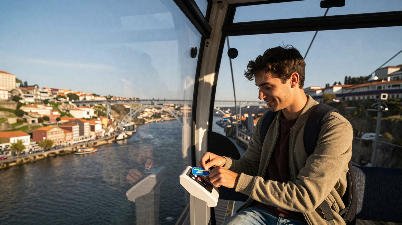 Jovem usa cartão para passar catraca em teleférico com vista para rio e cidade ensolarada.