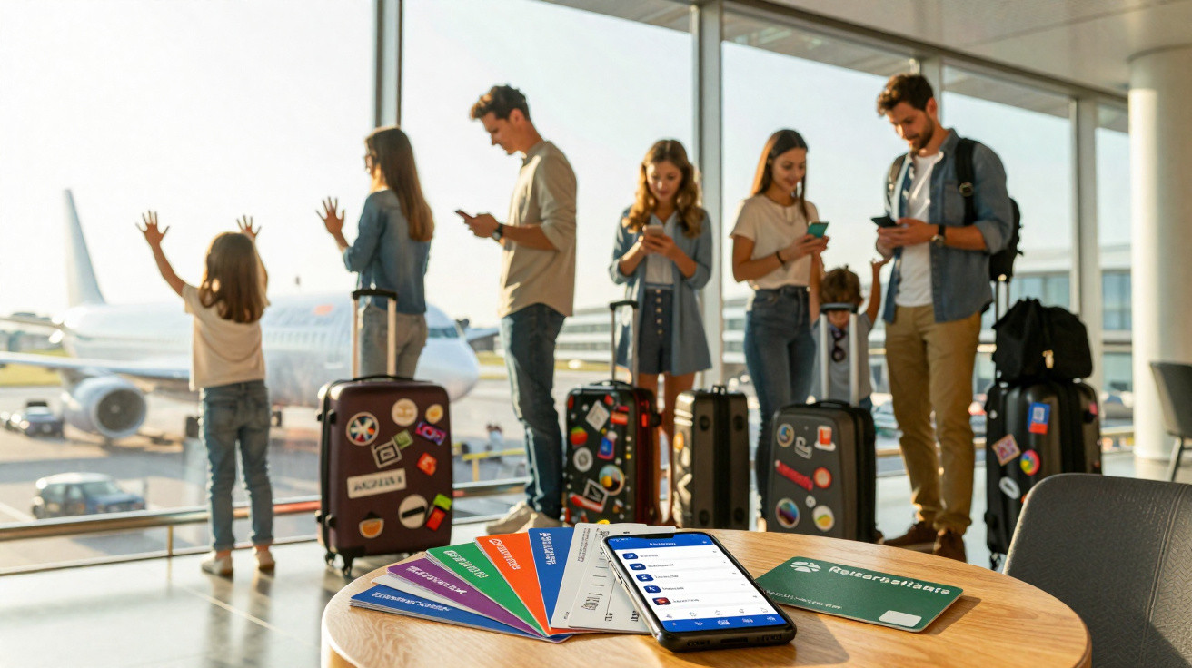 Família com malas em aeroporto olhando seus celulares, avião estacionado ao fundo, mesa com cartão e ingressos.