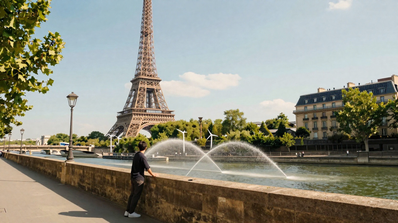 Pessoa observa fonte e Torre Eiffel ao fundo no Rio Sena em dia ensolarado em Paris.