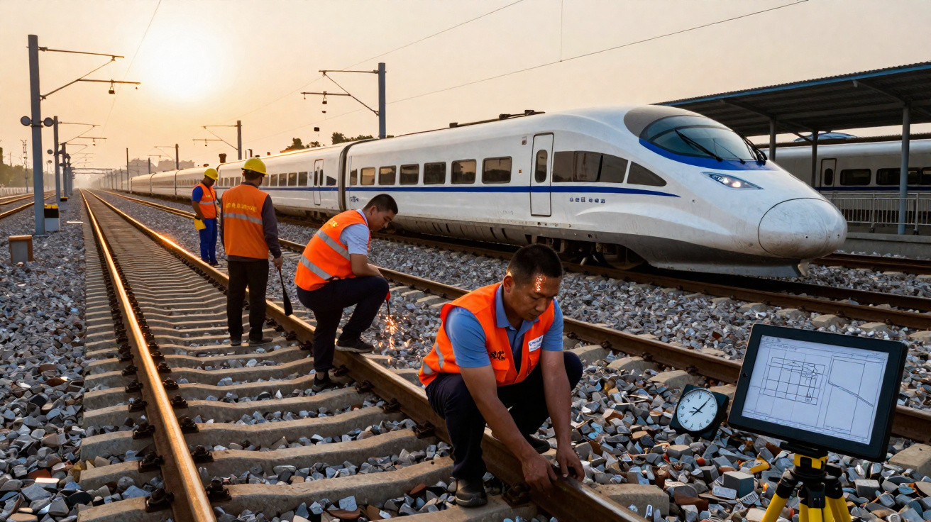 Trabalhadores com coletes laranja inspecionam trilhos ao lado de trem-bala branco ao pôr do sol.