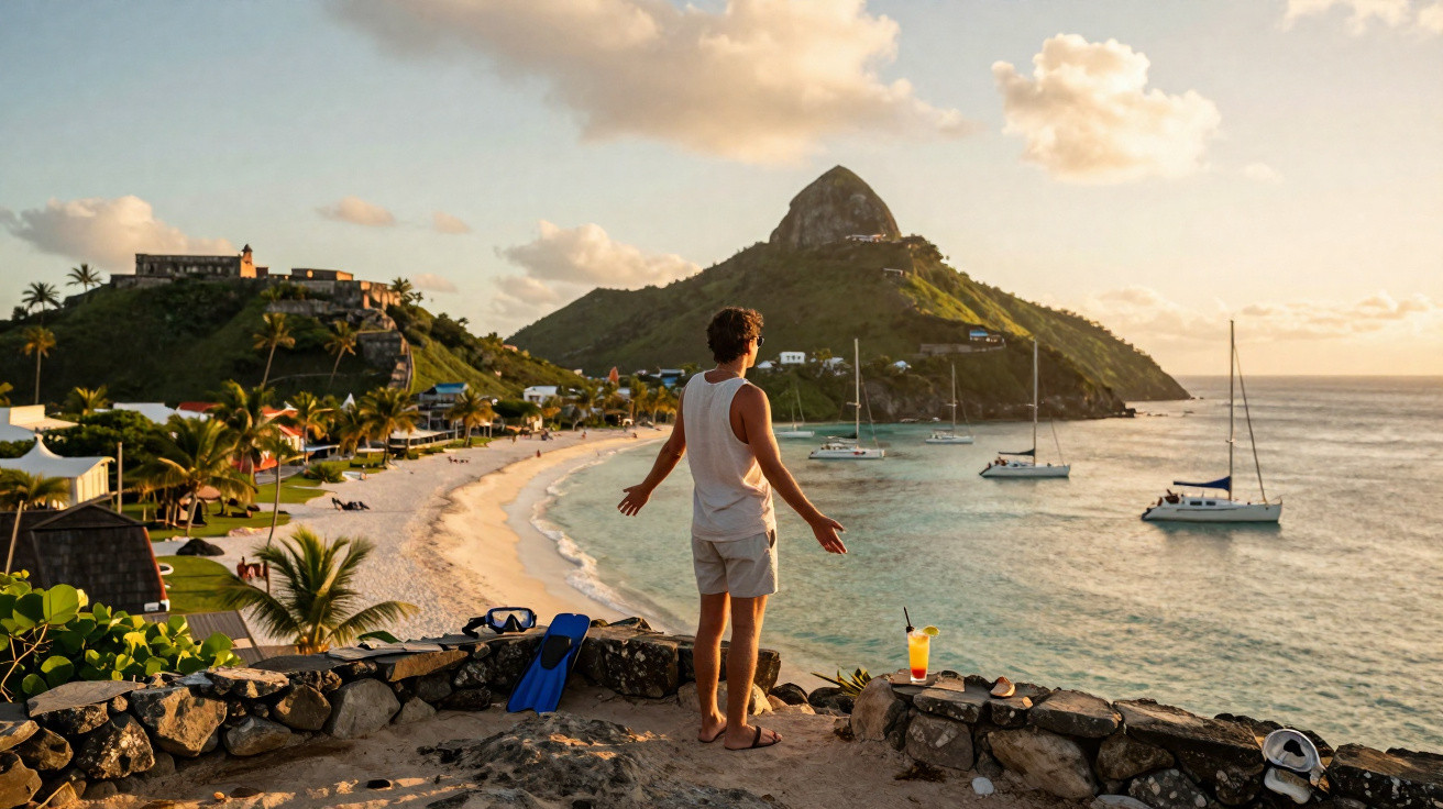 Homem de pé de costas observa praia, mar com veleiros e montanha ao pôr do sol em local tropical.