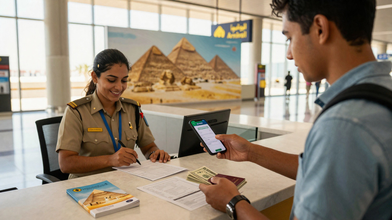 Funcionária em uniforme em balcão de aeroporto atende passageiro que mostra celular e segura passaporte e dinheiro.