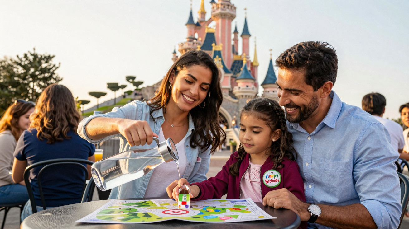 Família sorridente joga jogo de tabuleiro em mesa ao ar livre com castelo ao fundo.
