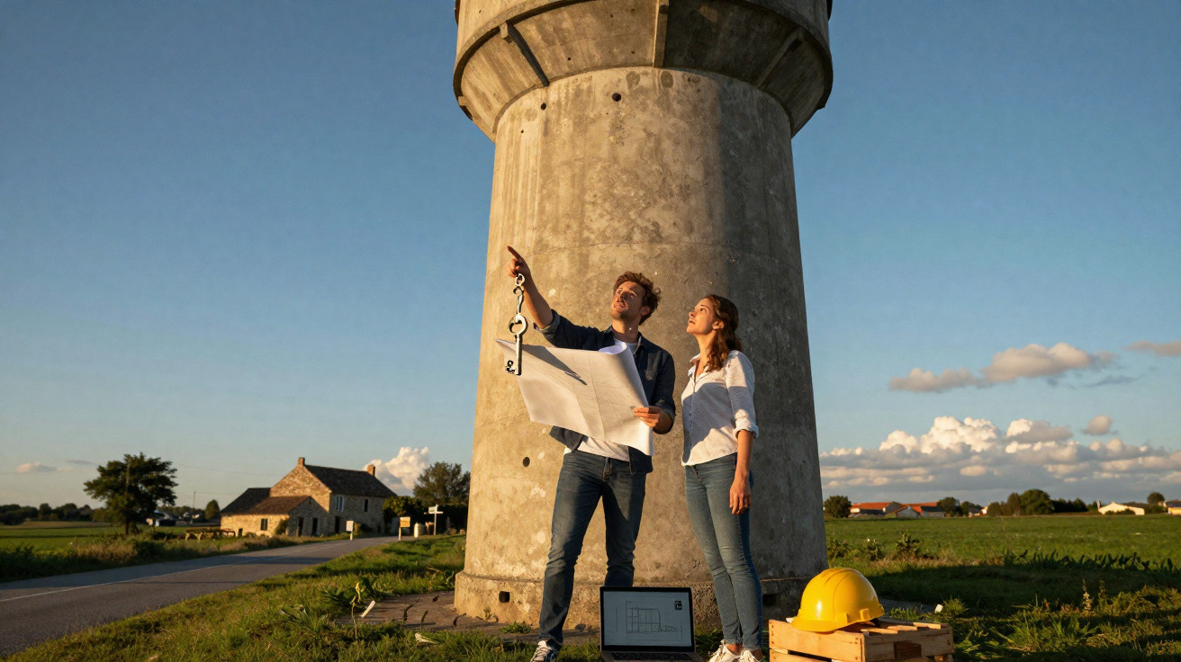 Casal de arquitetos analisa projeto ao lado de torre antiga em área rural ensolarada.