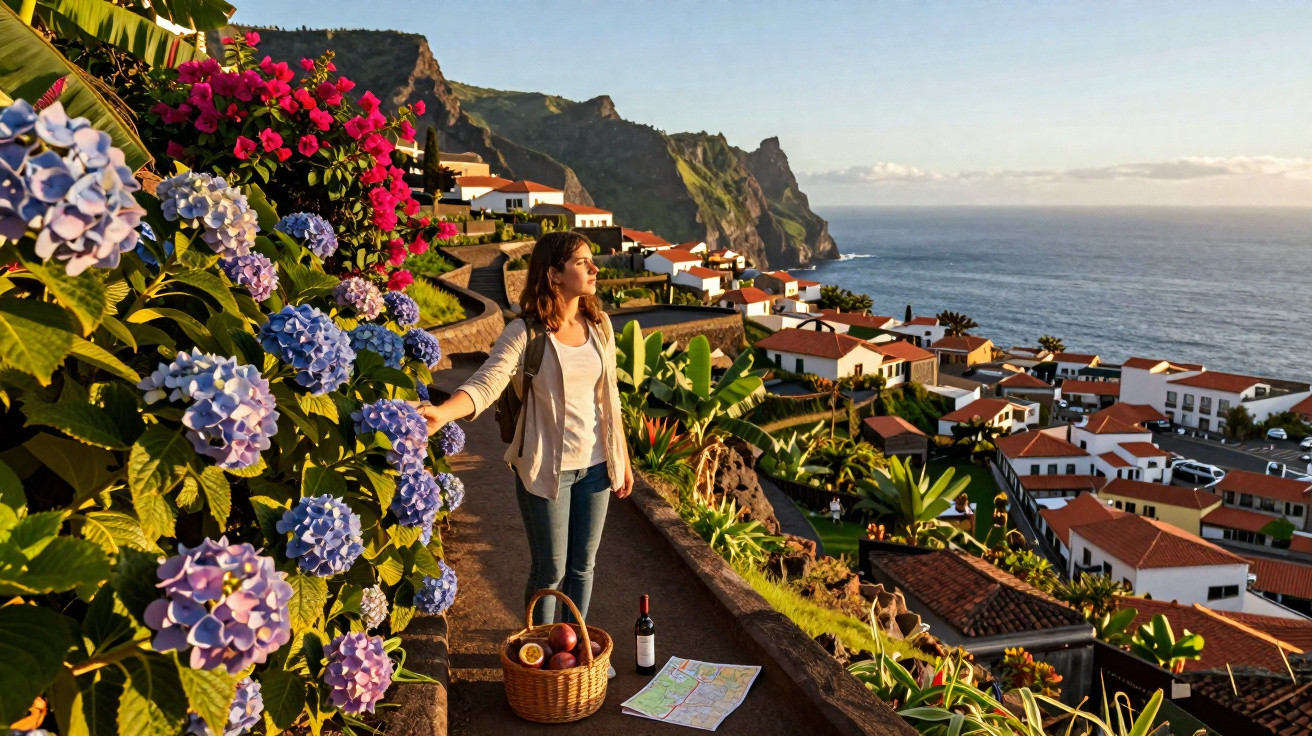 Mulher com cesta e mapa em caminho florido com casas, montanhas e oceano ao fundo ao pôr do sol.