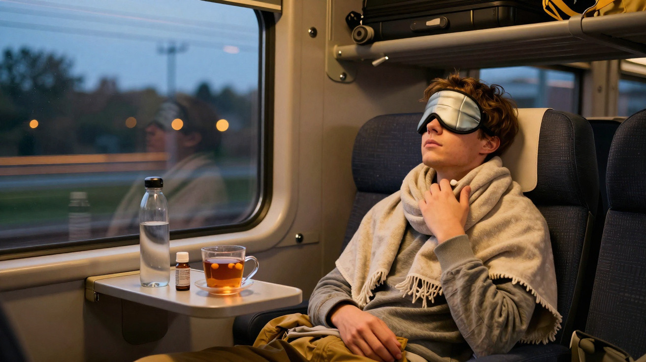 Jovem de olhos vendados descansando em assento de trem com xícara de chá e garrafa de água na mesinha ao lado.