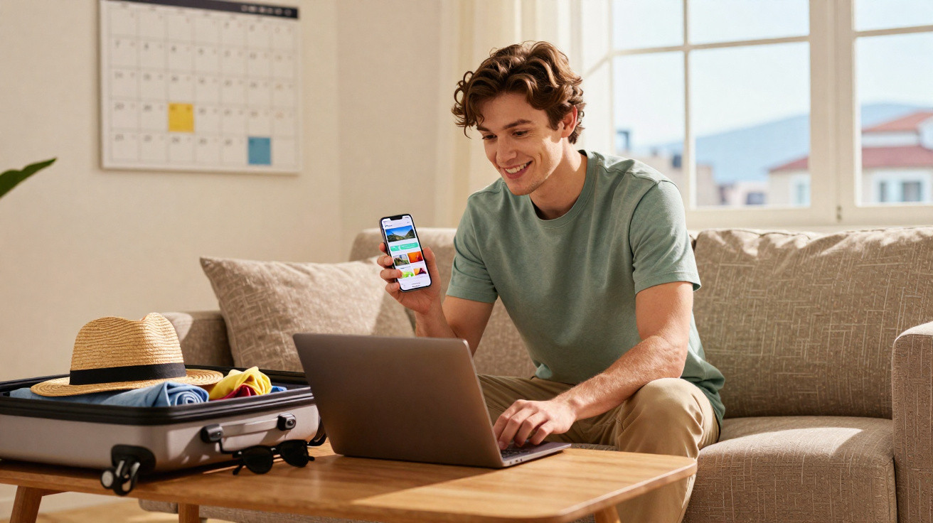 Homem sentado no sofá com mala aberta e planejamento de viagem no celular e laptop em mesa de madeira.