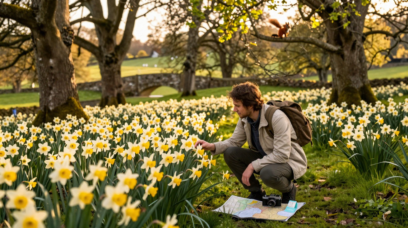 Homem agachado observa flores amarelas em campo com árvores ao pôr do sol, com mapa e câmera no chão.