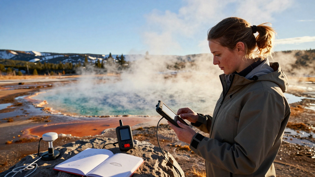Mulher registra dados em tablet perto de lagoa termal com vapor em área de estudo ambiental.