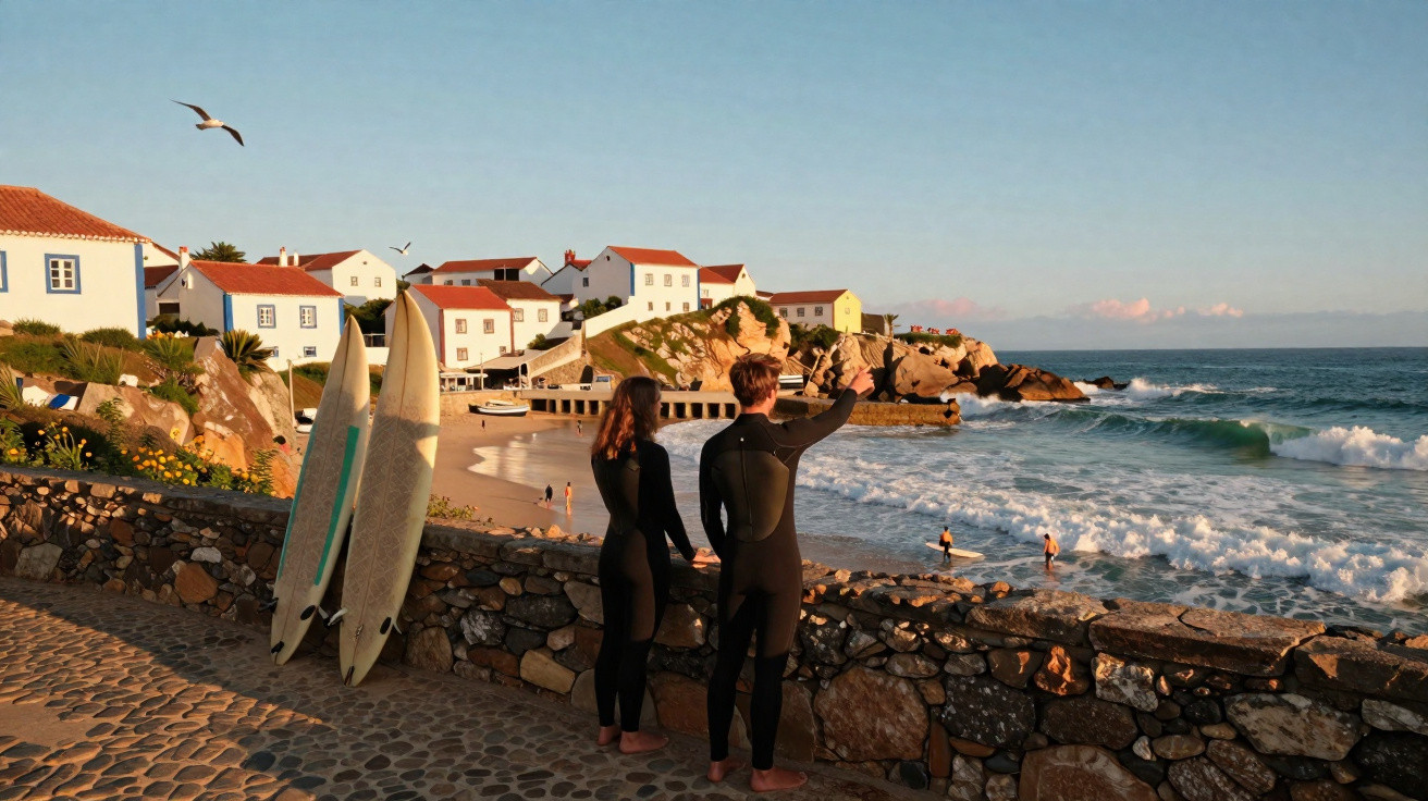 Duas pessoas de roupa de neoprene observam o mar em praia com pranchas de surf encostadas em muro de pedra.