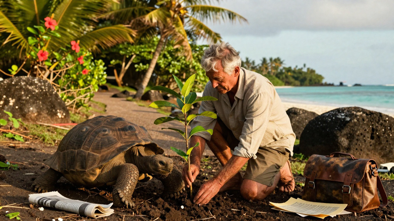 Homem adulto planta muda ao lado de tartaruga gigante em praia com vegetação e pedras.