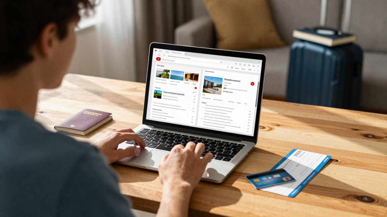 Pessoa usando laptop para pesquisar e planejar viagem, com passaporte e cartão de embarque sobre a mesa.