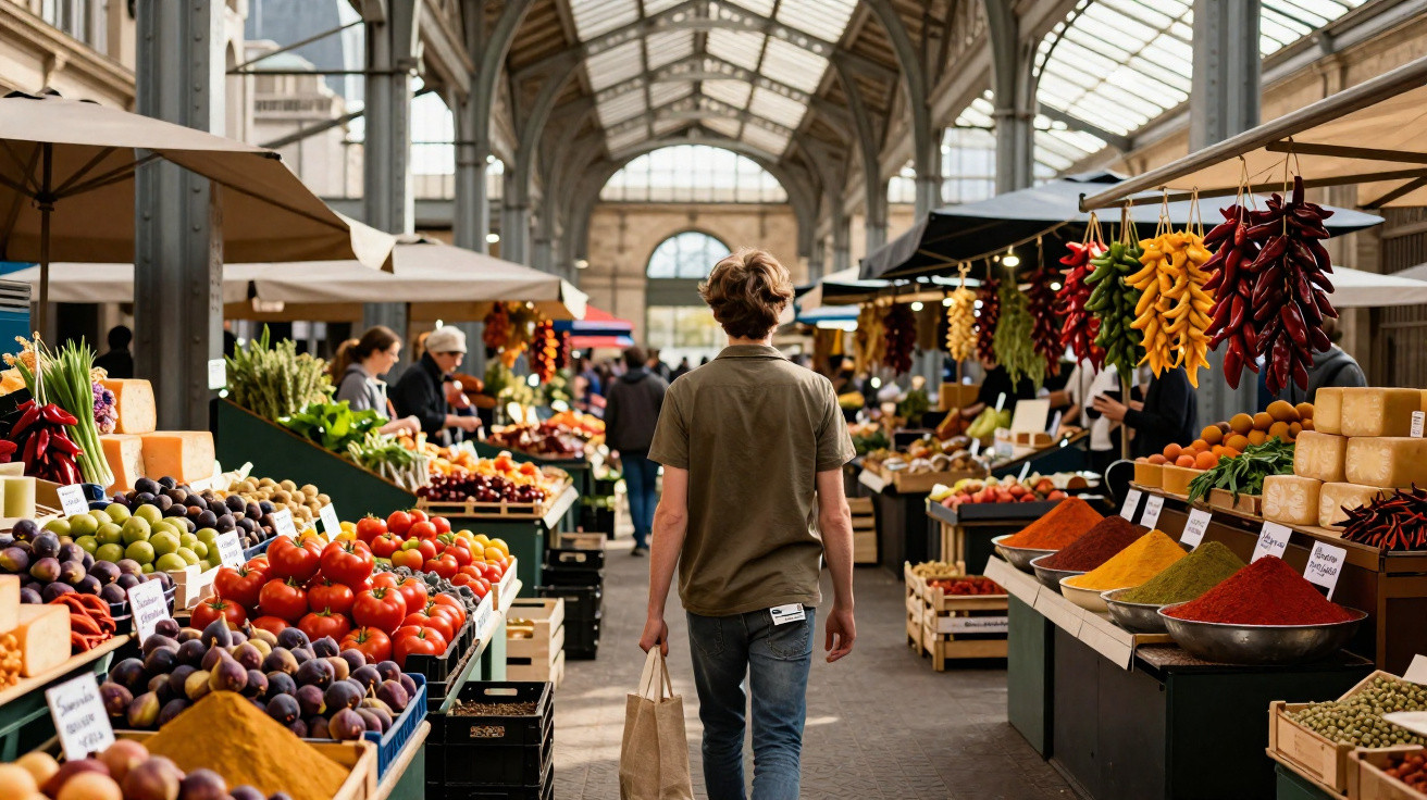 Homem caminha por mercado coberto com barracas coloridas de frutas, legumes e temperos à venda.