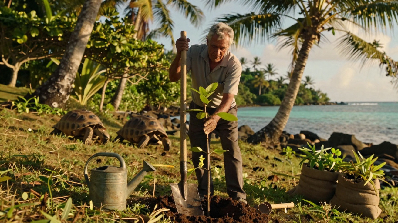 Homem planta mudas na praia com tartarugas e coqueiros ao fundo em ambiente tropical ensolarado.