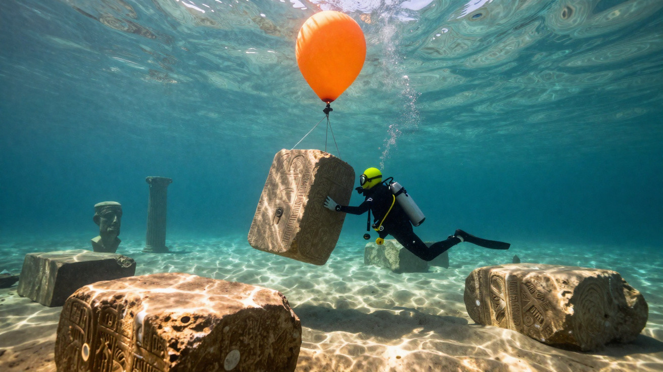 Mergulhador com balão laranja içando artefato arqueológico submerso em água clara e fundo arenoso.