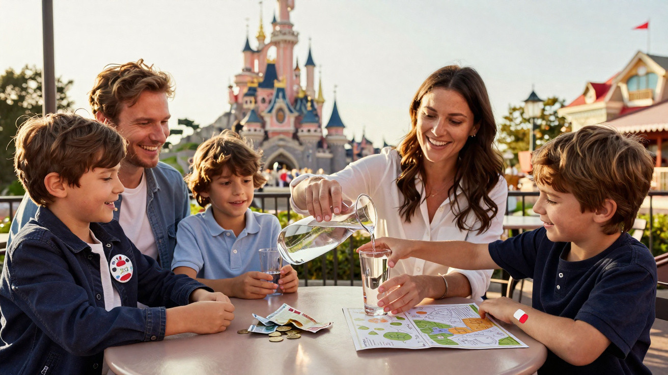 Família sorridente sentada em mesa no parque temático, com castelo ao fundo e brincadeiras infantis na mesa.