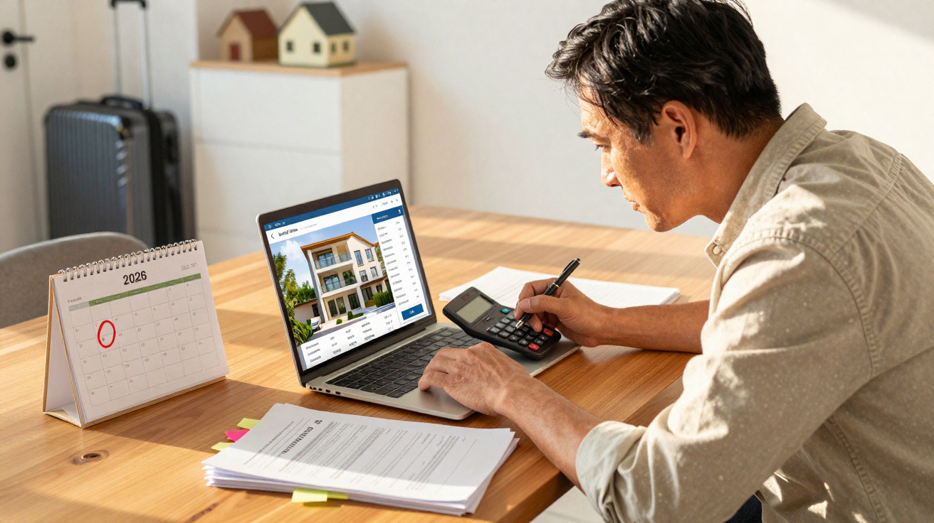 Homem calculando financiamento imobiliário no laptop com documentos e calendário na mesa.