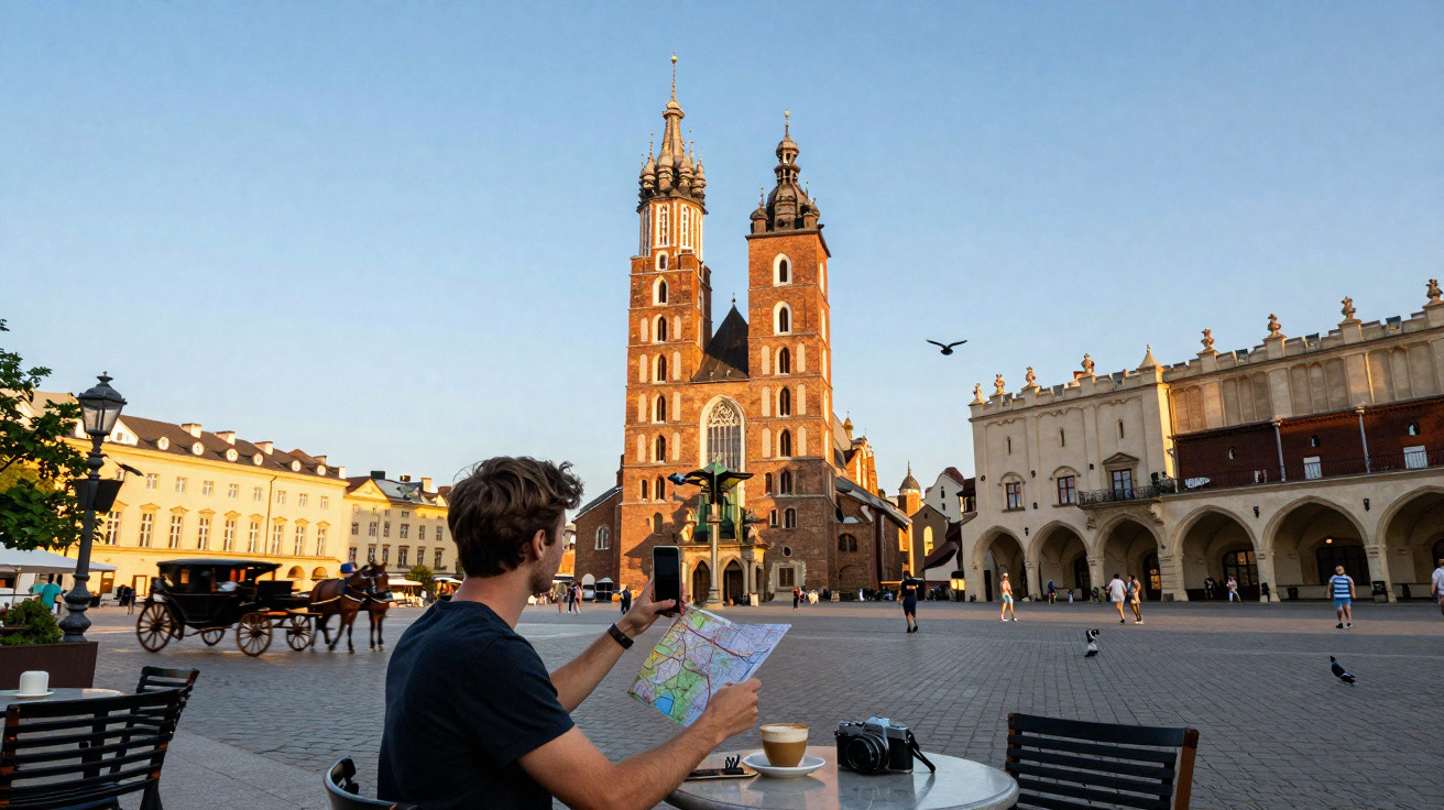 Homem sentado em café na praça central com mapa, celular e catedral histórica ao fundo ao entardecer.
