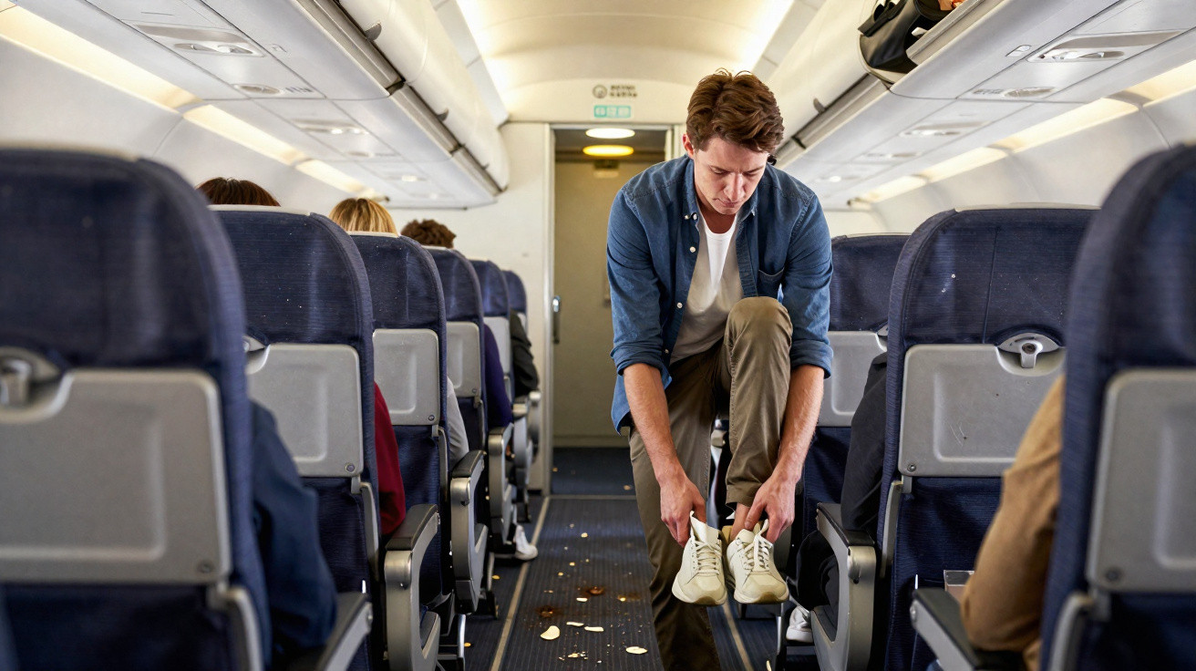 Homem ajoelhado no corredor de avião amarrando os tênis, com sujeira no chão ao redor.