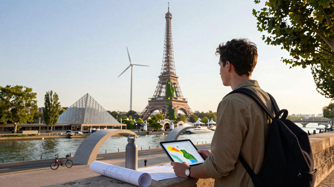 Jovem com mochila observa a Torre Eiffel e o rio Sena enquanto segura um tablet com ilustração colorida.