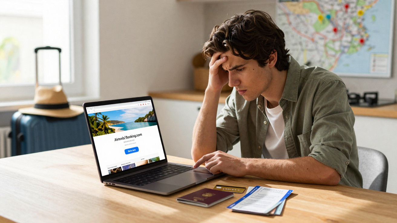Jovem preocupado olhando site de reserva de viagem no laptop, com passaporte e cartão na mesa.