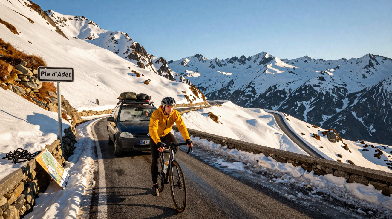 Ciclista com jaqueta amarela pedalando em estrada montanhosa com neve e carro atrás em Pla d'Adet.