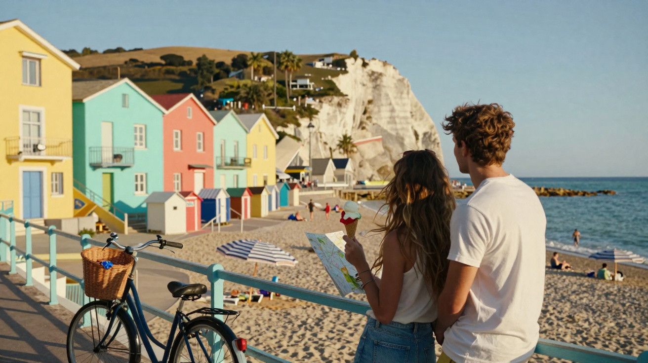 Casal jovem no calçadão com bicicleta, casas coloridas e praia ao fundo em dia ensolarado.