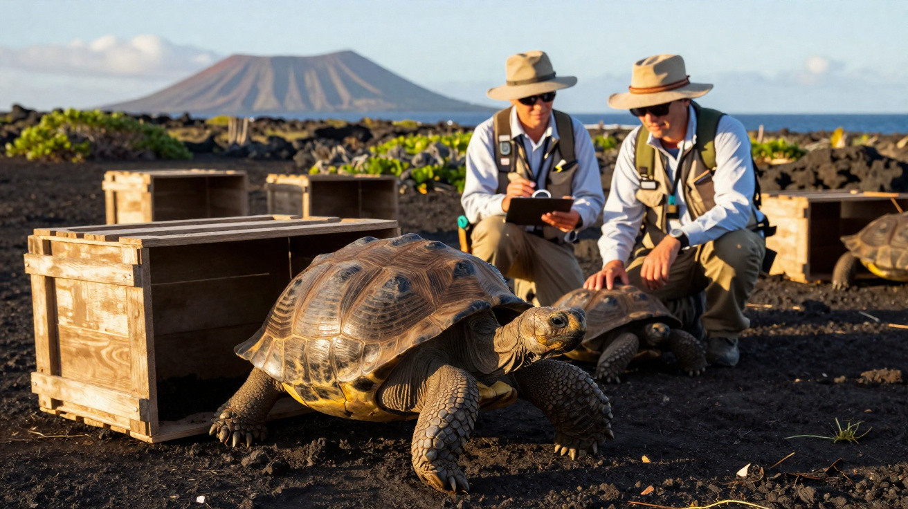 Pesquisadores observam tartarugas gigantes próximas a caixas de madeira em terra vulcânica nas Ilhas Galápagos.
