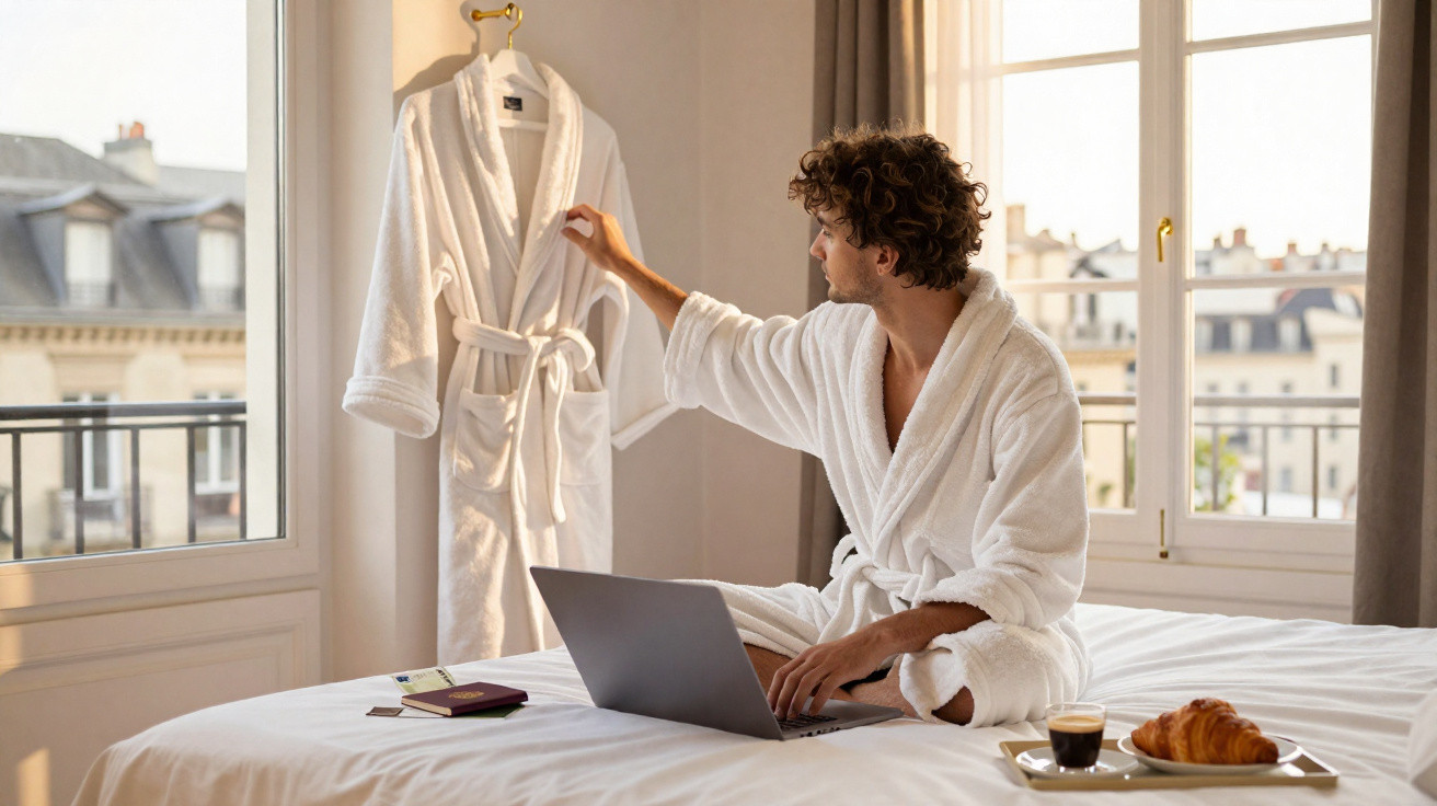 Homem de roupão branco sentado na cama com laptop, alcançando outro roupão pendurado perto da janela.