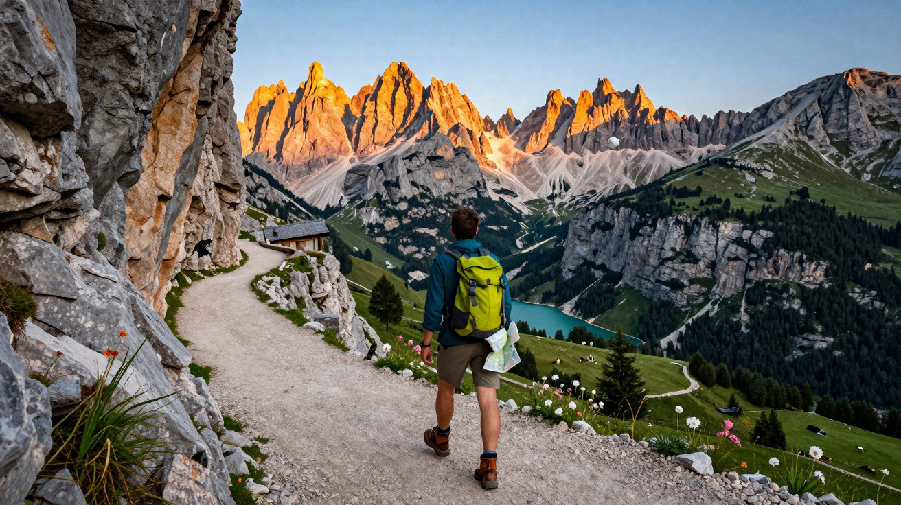 Caminhante com mochila verde em trilha de montanha, lago azul e picos rochosos ao pôr do sol.
