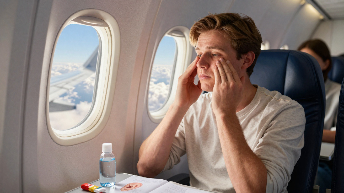 Homem sentado na janela de avião massageando as têmporas com expressão cansada.