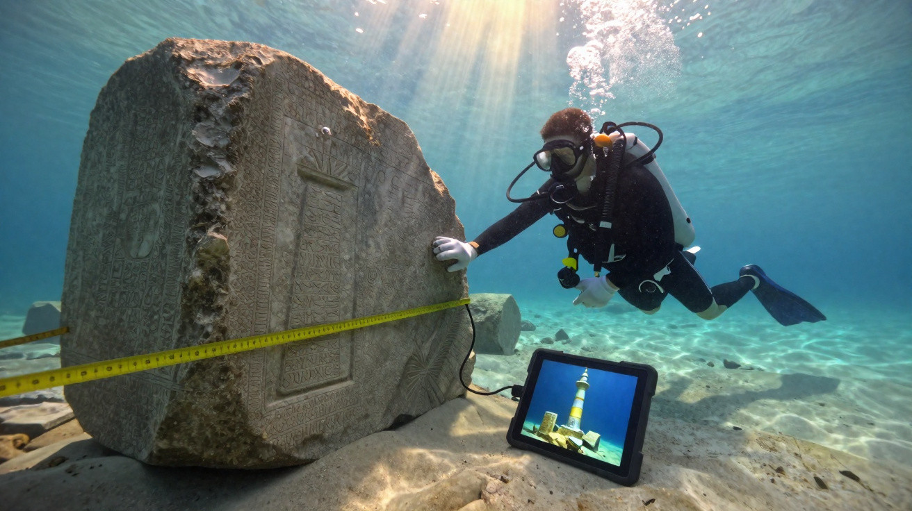 Mergulhador mede bloco submerso com inscrições antigas enquanto analisa informação em tablet à frente.