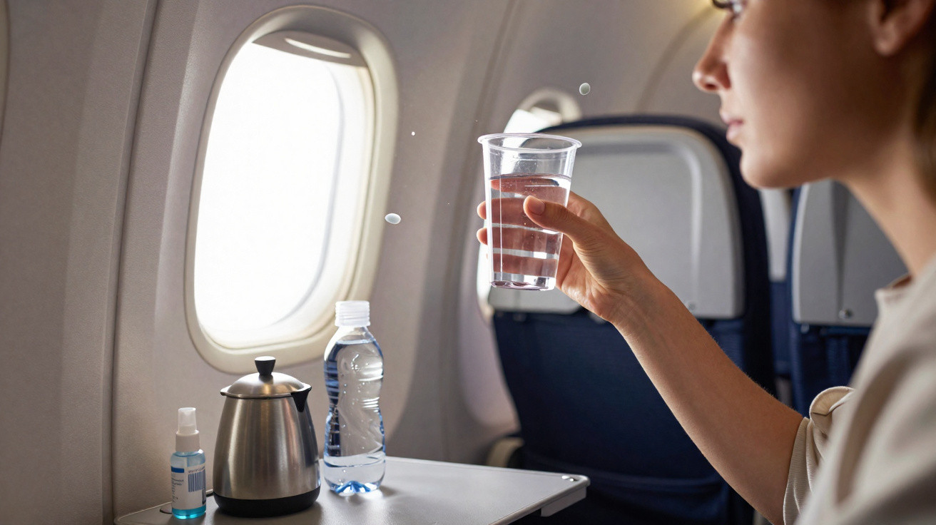 Pessoa segurando copo de água dentro de avião, com mesa e janela ao fundo.