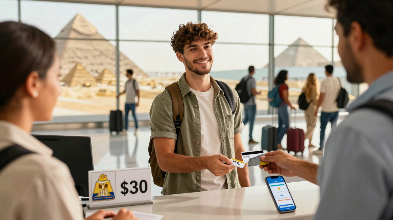 Jovem sorridente faz check-in com cartão em balcão de aeroporto, com pirâmide ao fundo e pessoas na fila.