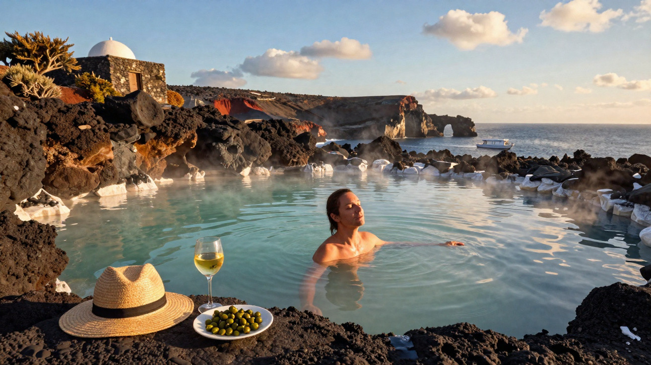 Pessoa relaxando em piscina natural de água quente cercada por rochas vulcânicas ao pôr do sol.