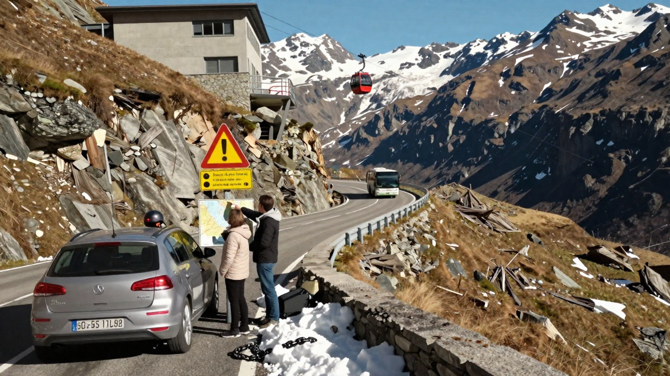Carro parado em estrada de montanha, pessoas consultando mapa, teleférico e picos nevados ao fundo.